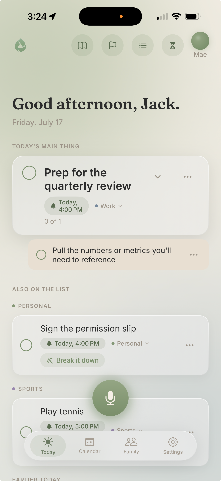 The Sokira Today screen: a warm greeting, today's main thing, Prep for quarterly review, and the list below.