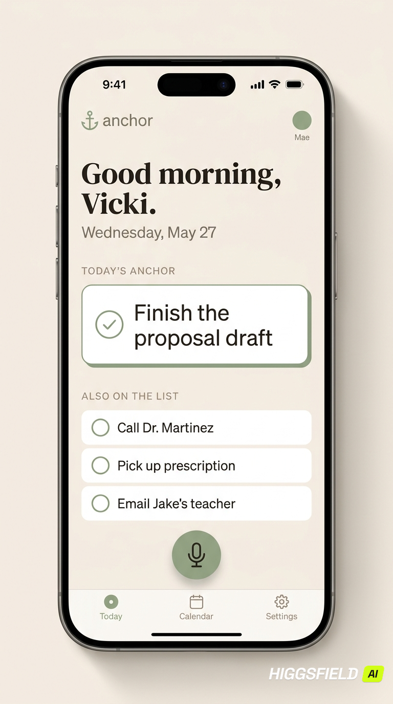 The Sokira app showing a friendly morning greeting, today's single anchor task, and a voice button to talk to your companion.